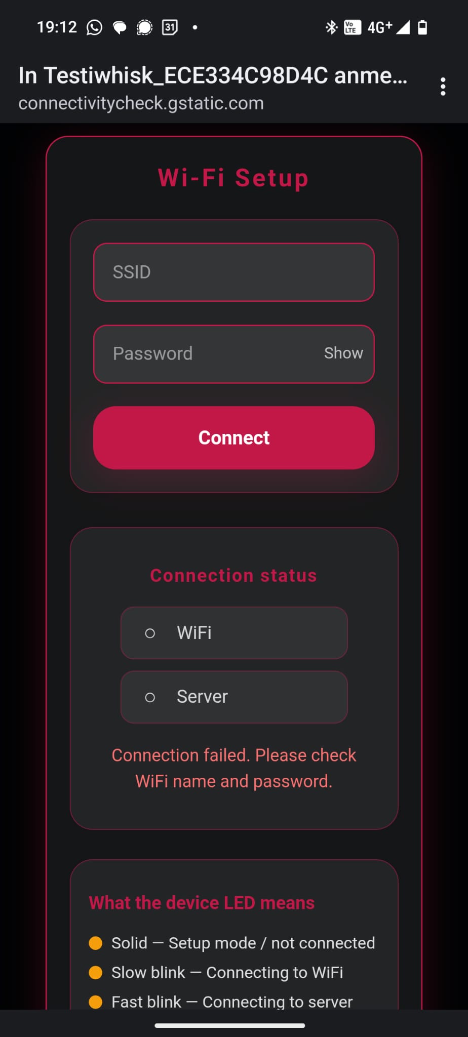 Wi-Fi-Setup: SSID, Passwort, Connect