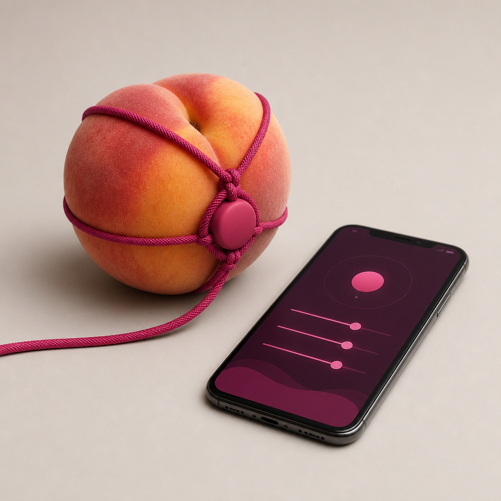 Pfirsich mit Seil und Steuerungs-App am Handy