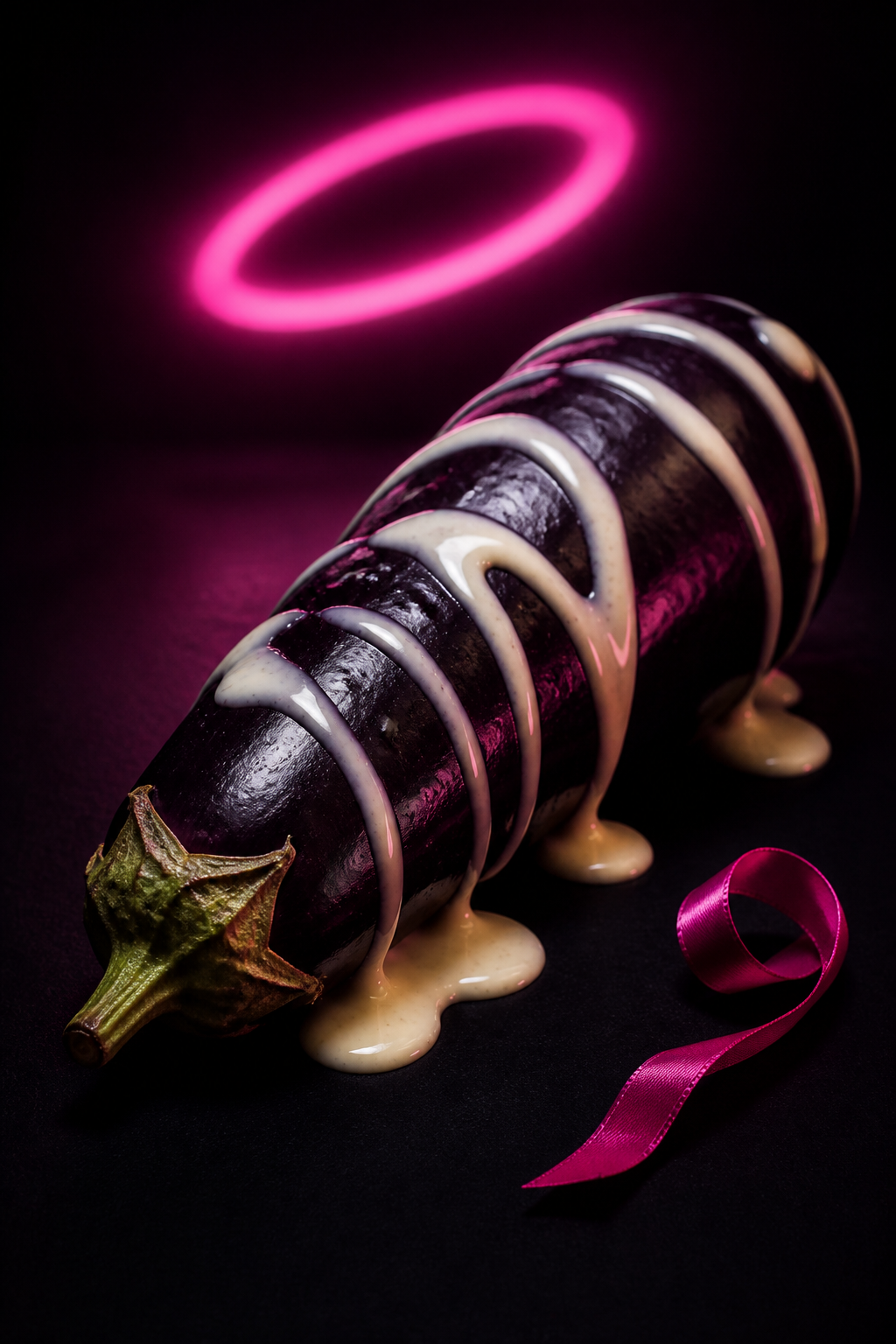 Aubergine mit Vanillesauce, pinkem Band und Neon-Halo
